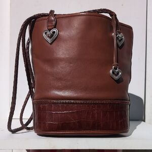 Brighton Carolina Bucket Tote Bag Leather Croc Embossed Brown Black Shoulder